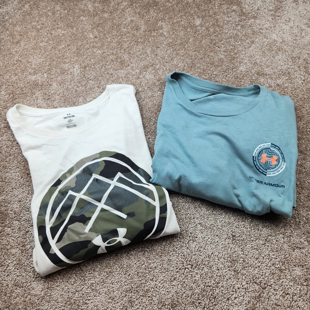Under Armour Men XXL Graphic T-Shirt Bundle Camo Mountain Compass Blue White 2pk